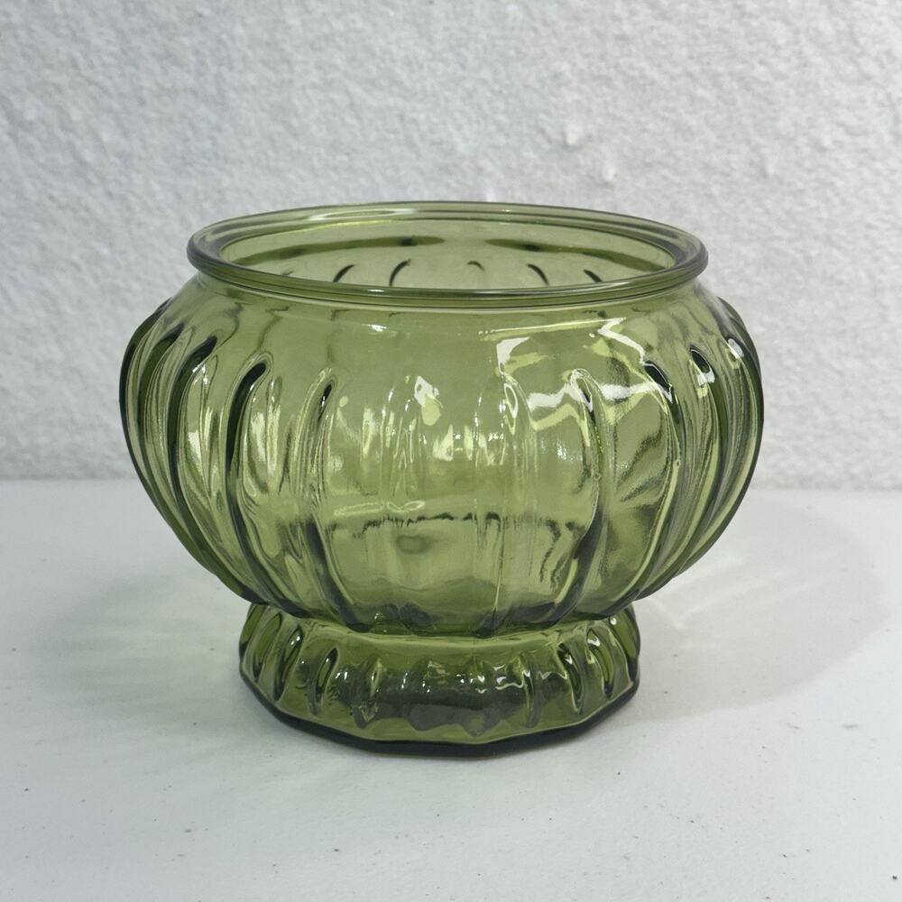 Inarco USA #5443 Olive Green Glass Ribbed Bowl Glass Plant Pot Vase VTG MCM